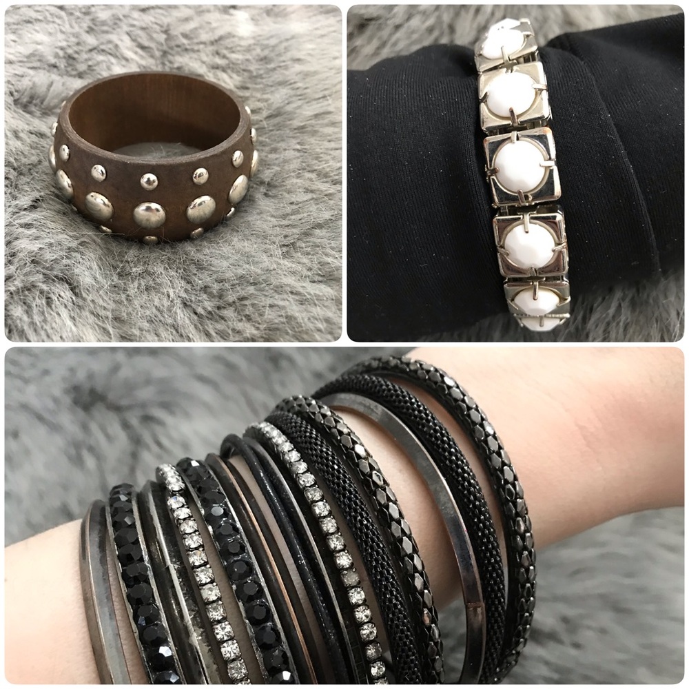 Wide wooden and metal Bangle Bracelet Set